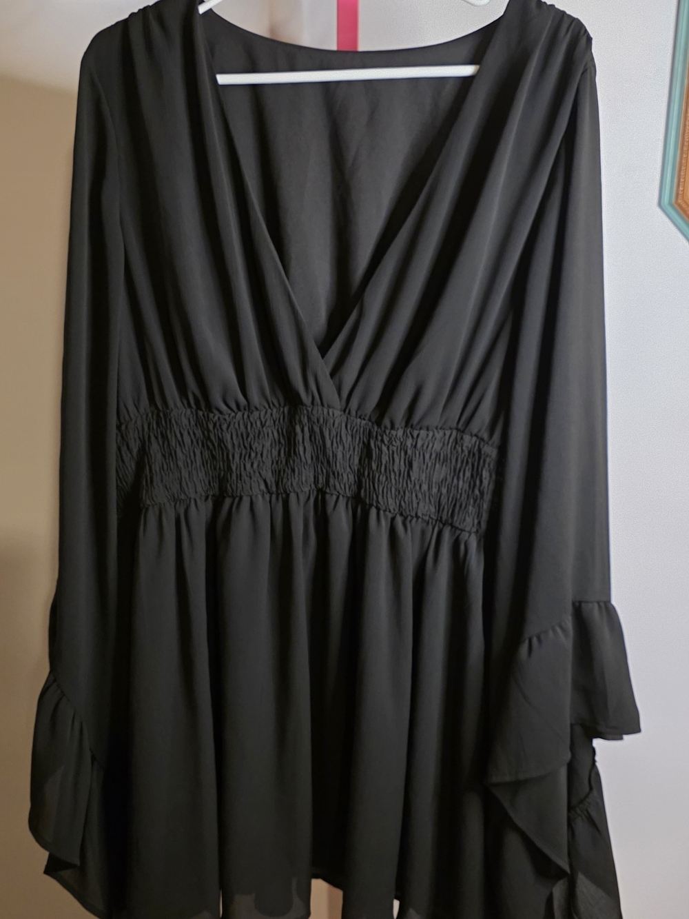 SHEIN Black Long Sleeve V-Neck Smocked Waist Ruffle Dress Sz 3XL
